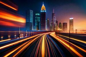 a city skyline at night with light trails. AI-Generated photo