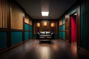 un habitación con de madera paredes y un sofá. generado por ai foto