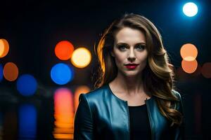 a beautiful woman in a leather jacket standing in front of a background of lights. AI-Generated photo