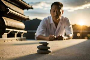 a man sitting on the ground with stones stacked on top of him. AI-Generated photo