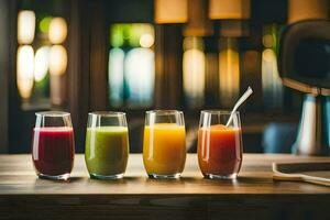 five different juices are lined up on a table. AI-Generated photo