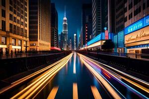 un largo exposición fotografía de un ciudad calle a noche. generado por ai foto