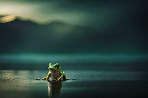 a frog sitting on the edge of a lake in the dark. AI-Generated photo