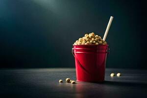 a bucket of popcorn with a straw on a dark table. AI-Generated photo