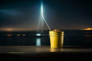 a bucket of fish sitting on a table with a light shining from it. AI-Generated photo