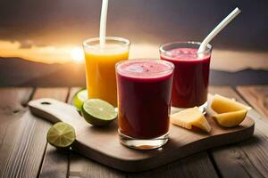 juice on a wooden tray with a sunset in the background. AI-Generated photo
