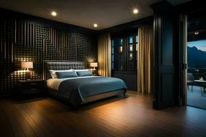 a bedroom with a bed and wooden flooring. AI-Generated photo