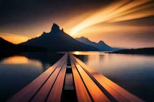 a long exposure photograph of a wooden pier in front of a mountain. AI-Generated photo