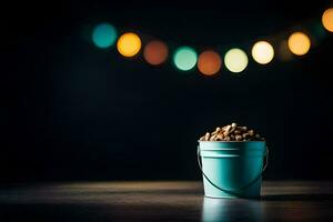 a bucket of peanuts on a table in front of a string of lights. AI-Generated photo