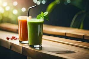 two glasses of green and orange smoothies on a wooden table. AI-Generated photo