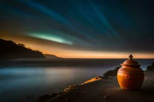 a vase is sitting on the shore at night with the ocean in the background. AI-Generated photo