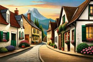 a painting of a street in a village with flowers and houses. AI-Generated photo