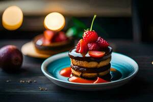 a stack of pancakes with strawberries and chocolate. AI-Generated photo