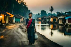 a woman in a sari walks down a road in front of houses. AI-Generated photo