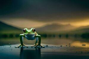 a frog standing on the edge of a lake. AI-Generated photo
