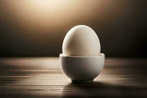 un huevo en un huevo taza en un de madera mesa. generado por ai foto