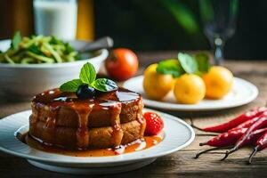 a plate of food with a cake and vegetables. AI-Generated photo