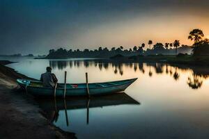 a man sits in a boat on the shore at sunset. AI-Generated photo