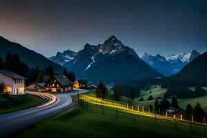 photo wallpaper the sky, mountains, road, house, trees, house, the road, the. AI-Generated
