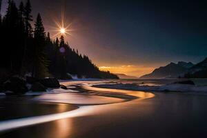 a river flows through a snowy landscape at sunset. AI-Generated photo
