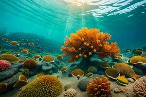 un coral arrecife con muchos vistoso pez. generado por ai foto