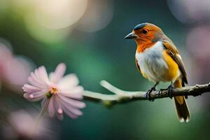 a small bird is sitting on a branch with pink flowers. AI-Generated photo