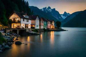 houses on the shore of a lake at dusk. AI-Generated photo