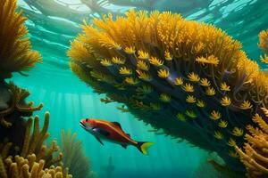 a fish swims in the ocean surrounded by coral. AI-Generated photo