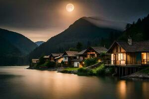 photo wallpaper the moon, lake, house, the moon, the lake, the moon, the. AI-Generated