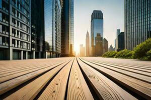 a long wooden walkway in front of tall buildings. AI-Generated photo
