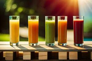 five glasses of juice on a table. AI-Generated photo