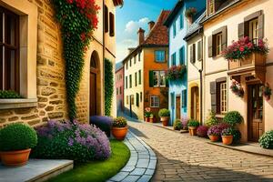 an artistic painting of a street in a european town. AI-Generated photo