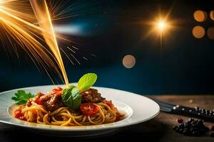 espaguetis con carne y tomate salsa en un plato con bengalas generado por ai foto