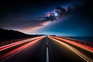 un largo exposición foto de un autopista a noche. generado por ai