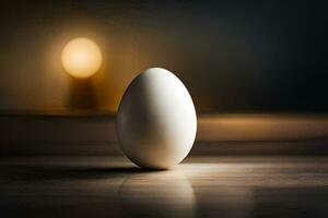 an egg sitting on a table in front of a light. AI-Generated photo