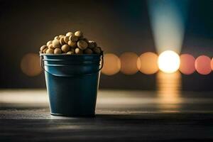 a bucket filled with peanuts on a table. AI-Generated photo