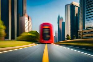 a red bus driving down a city street. AI-Generated photo