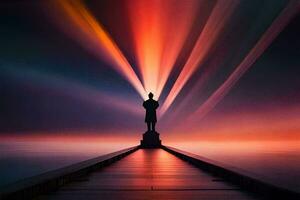 a statue stands on a pier with bright light coming from the sky. AI-Generated photo