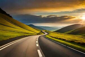 a road in the mountains with the sun setting. AI-Generated photo