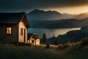 un cabina en el montañas a puesta de sol. generado por ai foto