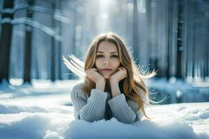 un hermosa joven mujer tendido en el nieve. generado por ai foto