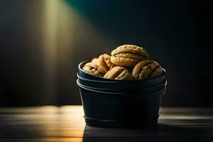 un Cubeta lleno con galletas en un mesa. generado por ai foto