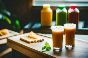 two glasses of juice on a wooden table. AI-Generated photo