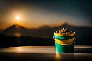 a bucket of nuts on a table in front of a mountain. AI-Generated photo