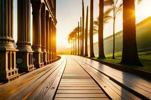 a long wooden walkway with palm trees in the background. AI-Generated photo