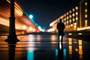 un hombre es caminando abajo un calle a noche. generado por ai foto