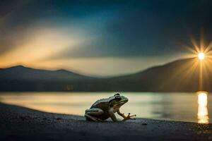 un rana se sienta en el playa a puesta de sol. generado por ai foto