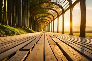 a long wooden walkway with trees in the background. AI-Generated photo