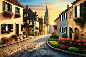 a street in europe with flowers and buildings. AI-Generated photo