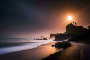 un playa a puesta de sol con un faro en el distancia. generado por ai foto